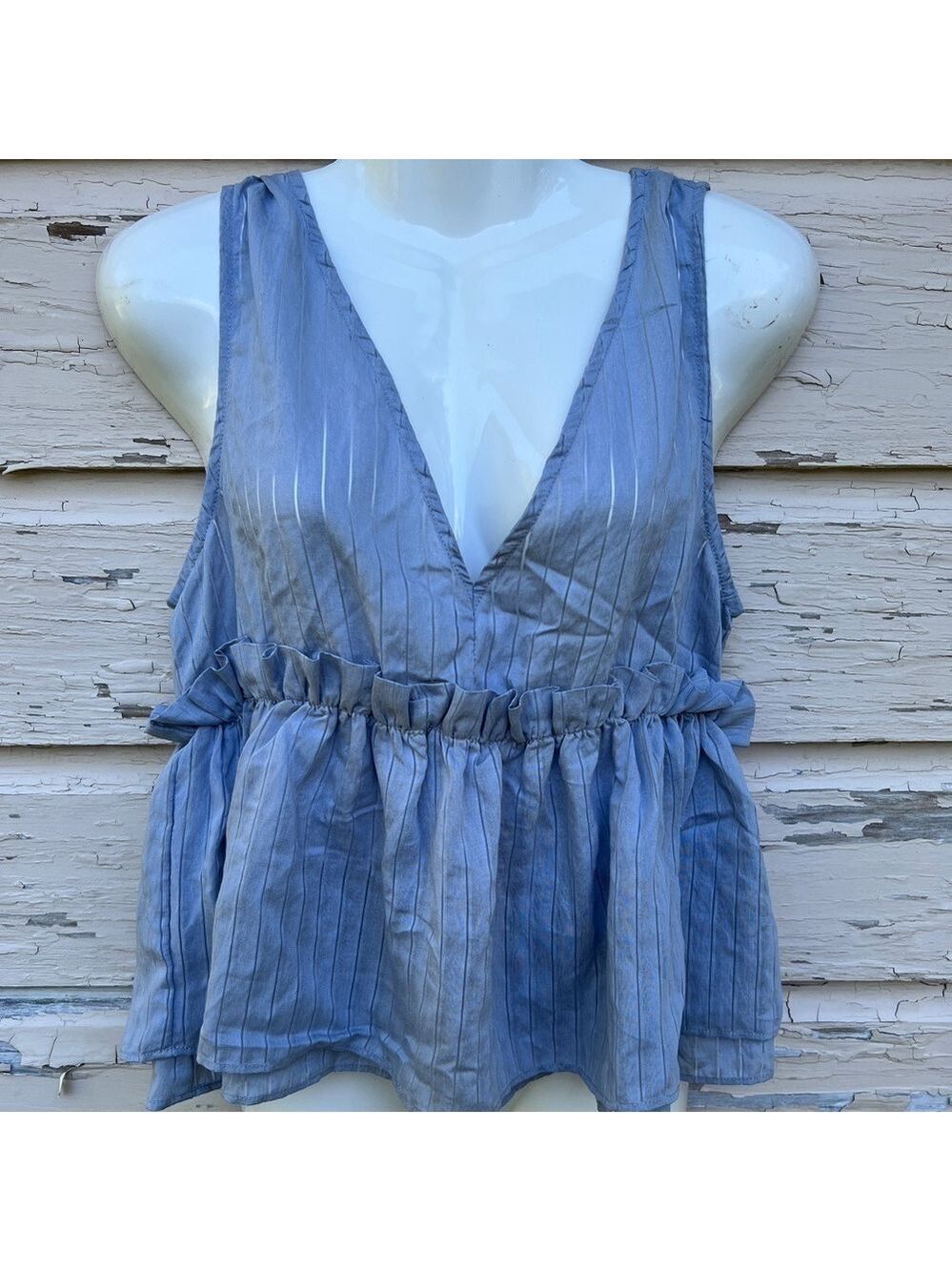 Mustard Seed Chambray Bluspero Beachy Breezy Coastal Crop Top Blouse Sheer H2